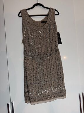 Aidan Mattox Beaded Sleeveless Mini Dress in Taupe